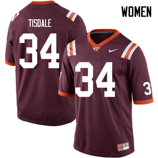 Sale -Maroon Alan Tisdale #34 Virginia Tech Hokies Women High Quality NCAA Player Football Jersey