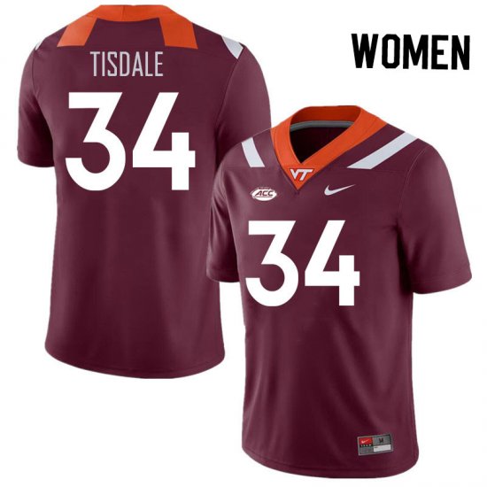 Sale -Maroon Alan Tisdale #34 Virginia Tech Hokies Women Embroidery University Football Jersey