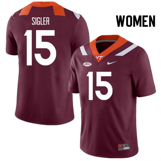 Sale -Maroon Jackson Sigler #15 Virginia Tech Hokies Women Embroidery University Football Jersey