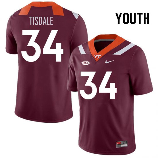 Sale -Maroon Alan Tisdale #34 Virginia Tech Hokies Youth High Quality University Football Jersey