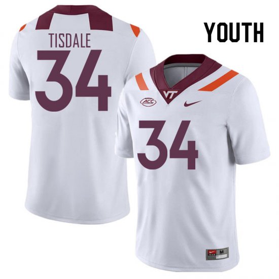 Sale -White Alan Tisdale #34 Virginia Tech Hokies Youth Embroidery NCAA Player Football Jersey