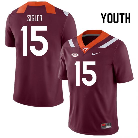 Sale -Maroon Jackson Sigler #15 Virginia Tech Hokies Youth Embroidery University Football Jersey