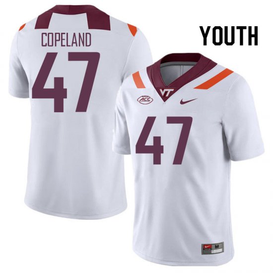 Sale -White Tavorian Copeland #47 Virginia Tech Hokies Youth Embroidery University Football Jersey